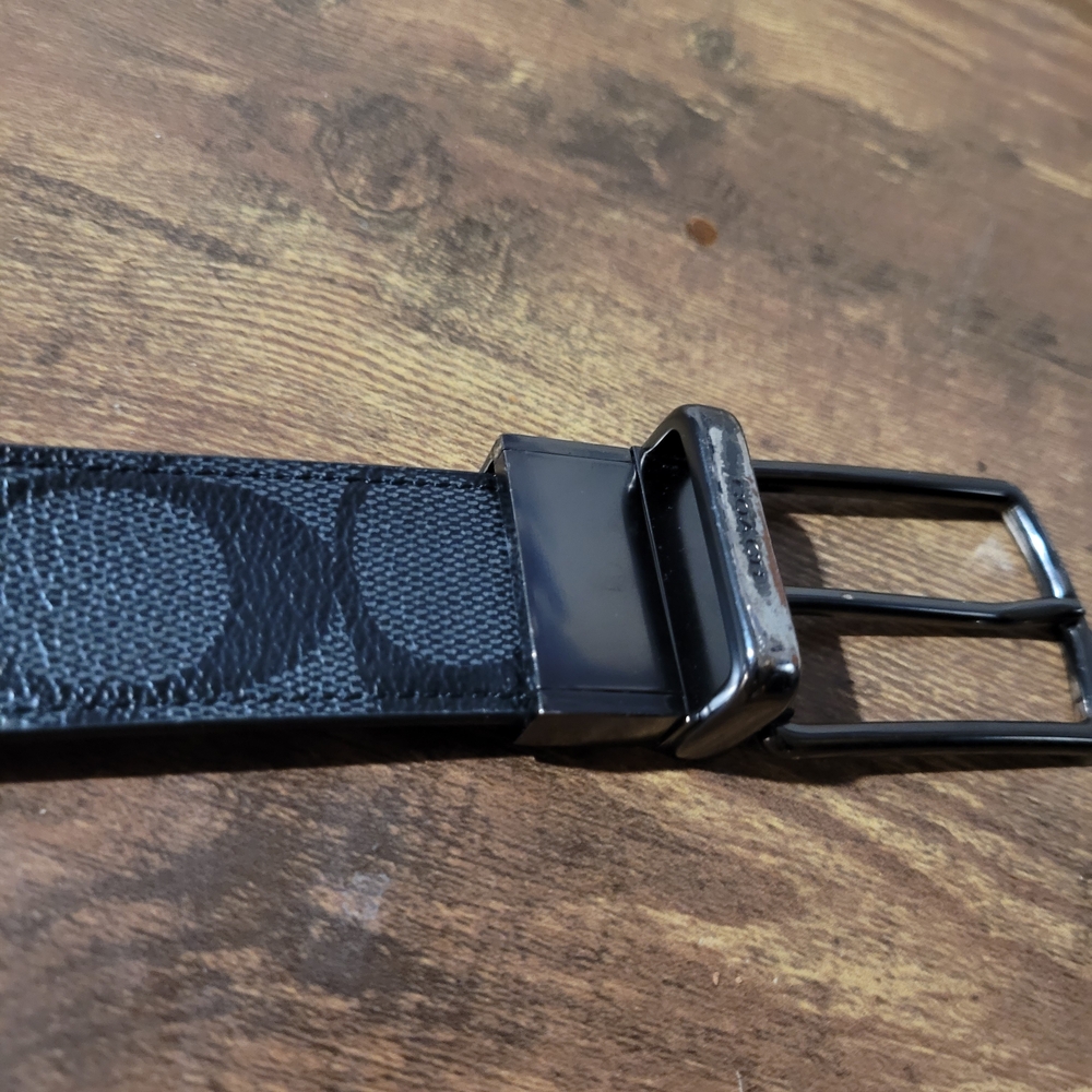 Black Leather Reversible Men's COACH Belt with Silver Buckle